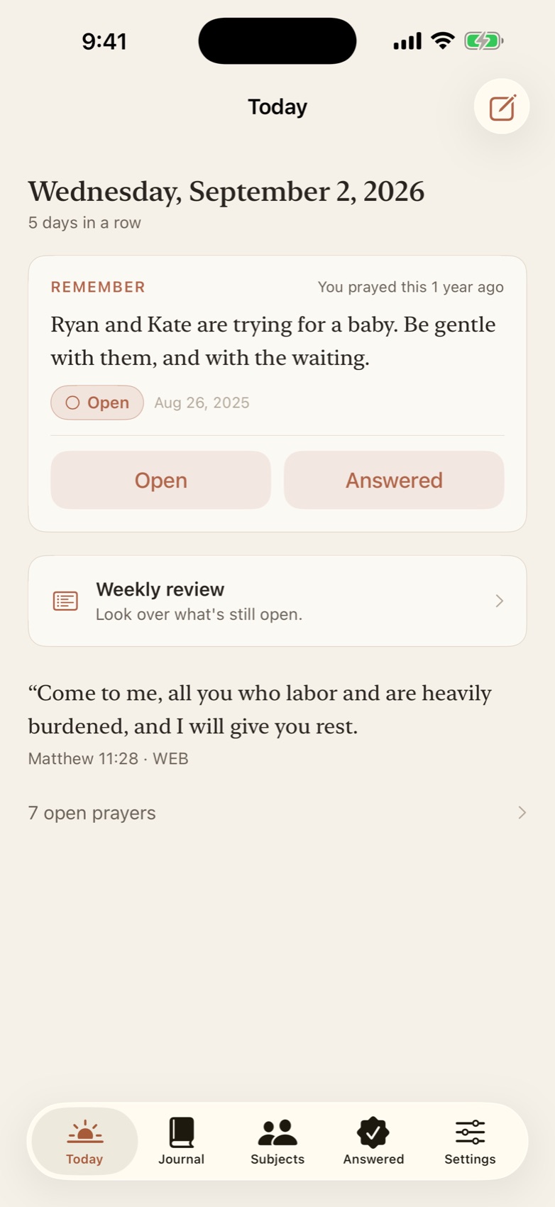 Prayed Today screen with a Remember card bringing back a prayer from a year ago