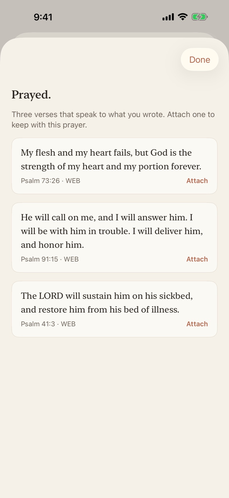 Three matched Bible verses shown after saving a prayer