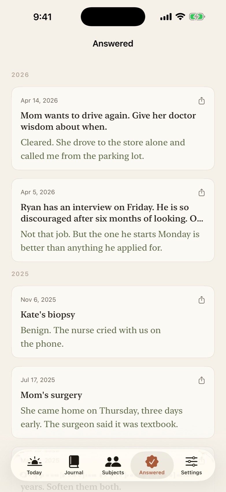 Prayed answered timeline showing years of answered prayers with dates
