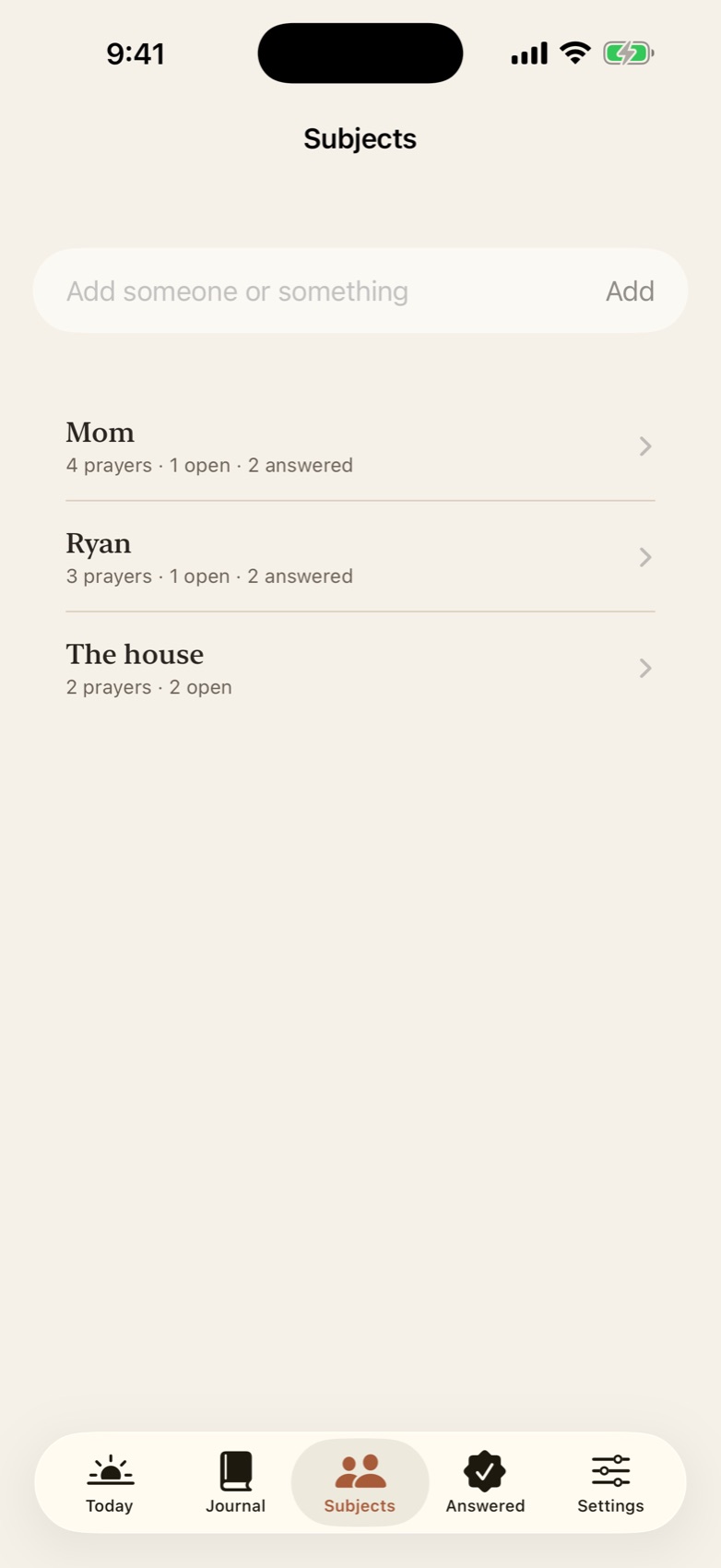Subjects screen listing the people and things you pray for