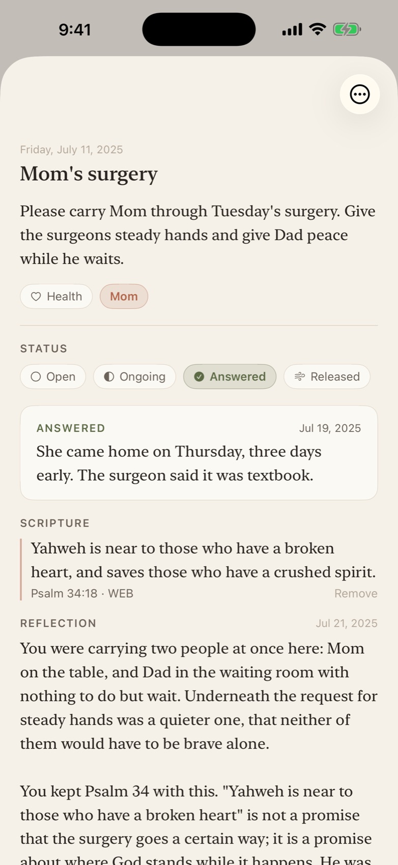 An answered prayer for Mom's surgery with Psalm 34:18 and a kept reflection written on the device