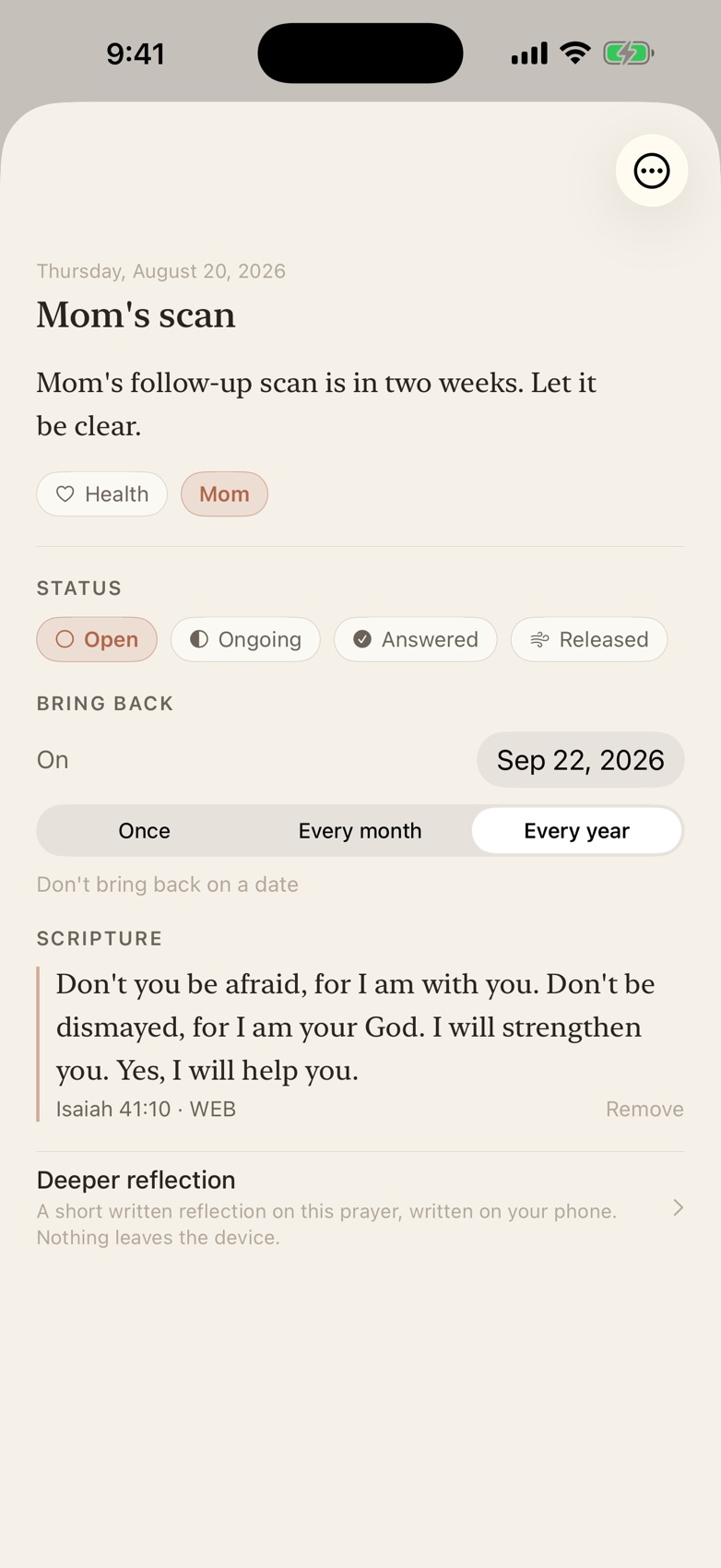 A prayer pinned to come back every year on a chosen date