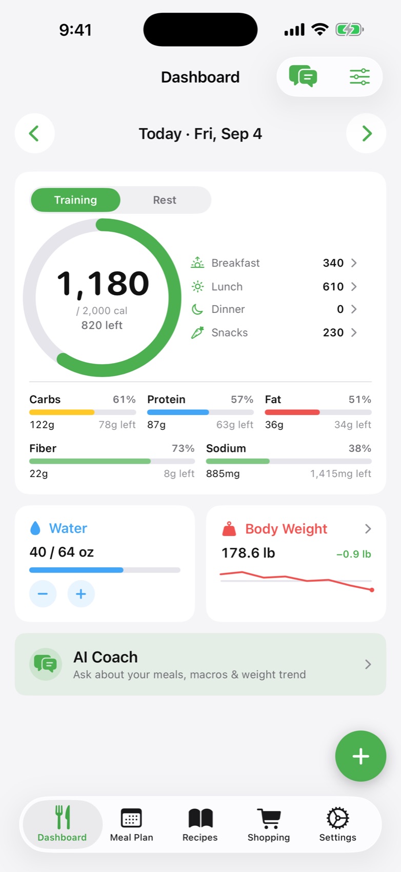 Preplate dashboard showing 1,180 of 2,000 calories with protein, carbs, fat, fiber and sodium bars, water and weight tiles
