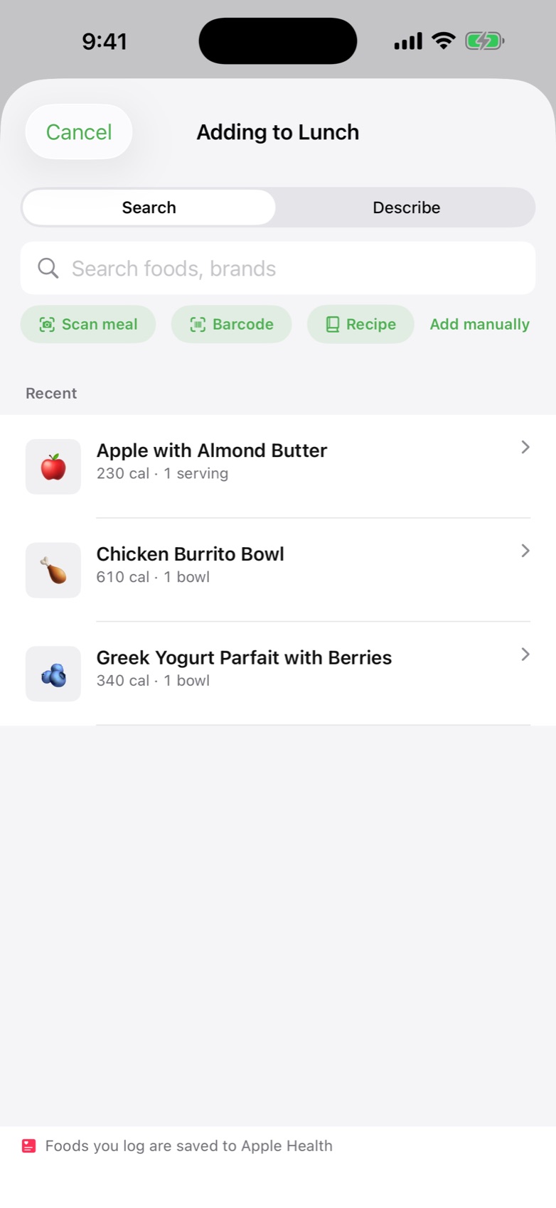 Adding to Lunch screen with search, scan meal, barcode, recipe and manual entry options and recent foods