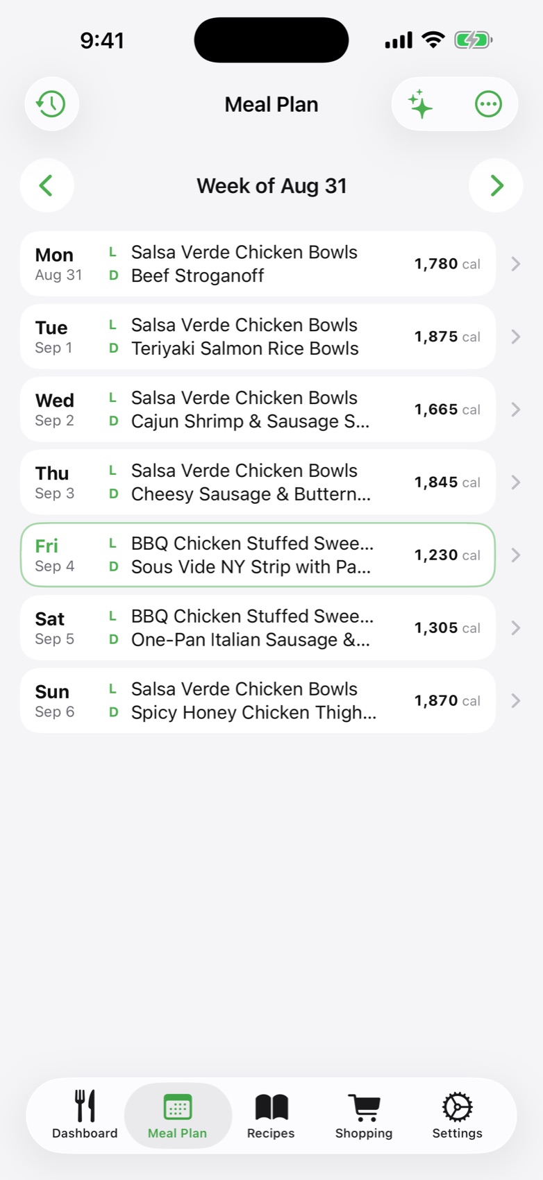 Meal Plan screen for the week with lunch and dinner assigned each day and a calorie total per day