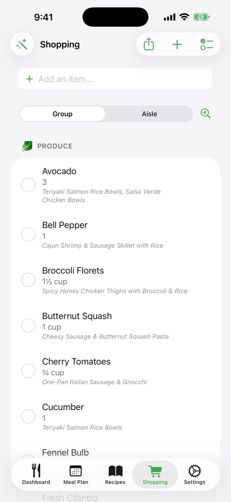 Preplate shopping list generated from the week, grouped by aisle with source recipes under each item