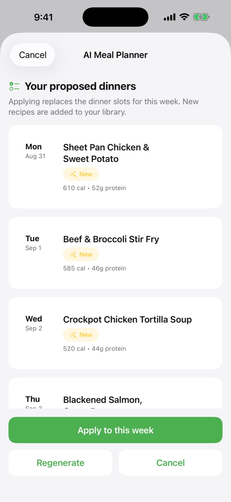 AI Meal Planner proposing Sheet Pan Chicken, Beef and Broccoli Stir Fry and Crockpot Chicken Tortilla Soup with calories and protein for each