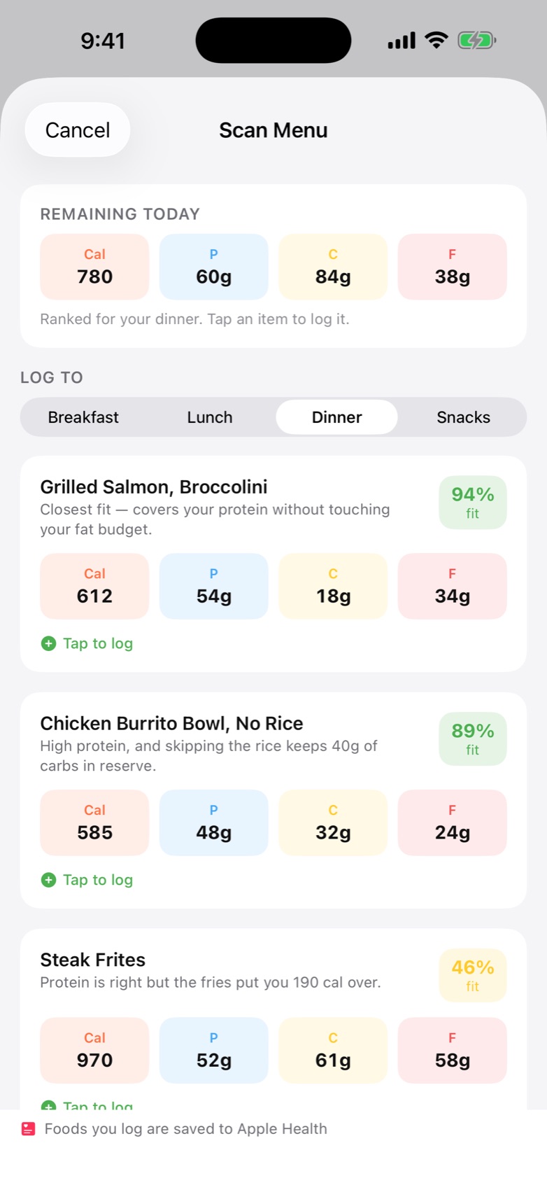 Scan Menu screen ranking restaurant dishes by fit against remaining calories and macros