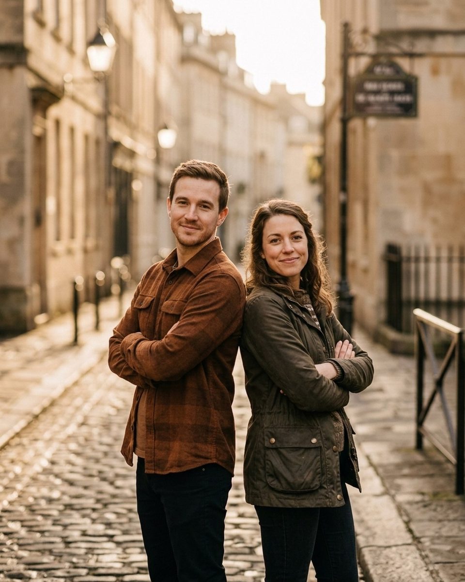 Couple standing back to back on a city street, arms folded, both looking into the camera