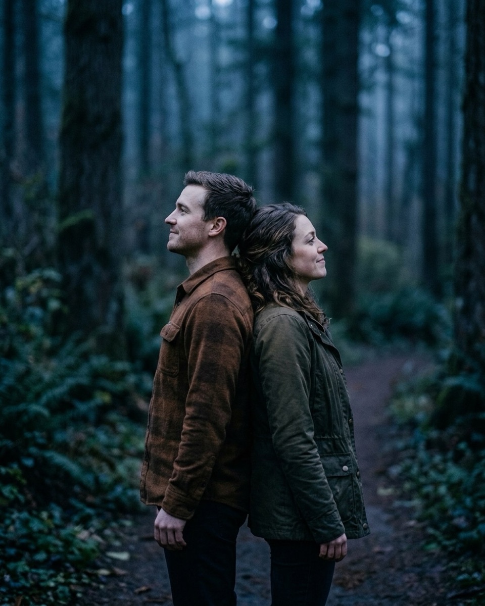 Engaged couple standing back to back in a forest at blue hour