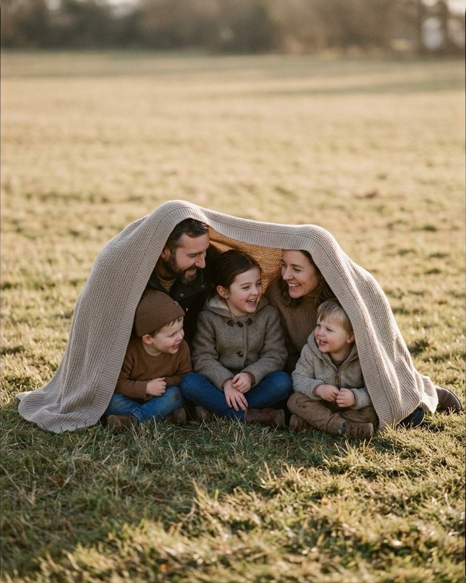Three children seated on grass with parents leaning over them under a knit blanket draped like a tent