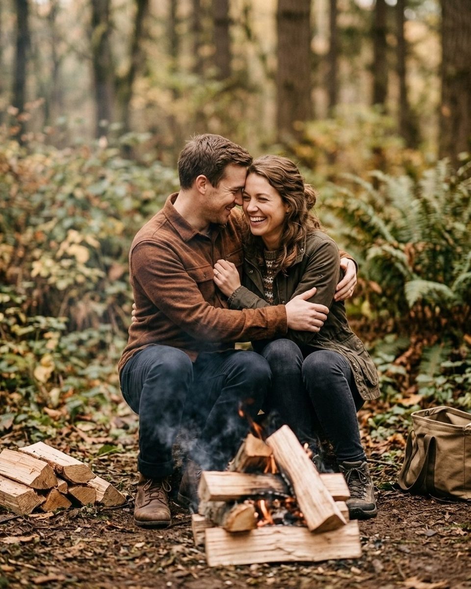 Couple holding each other and swaying in a forest clearing under overcast cloud