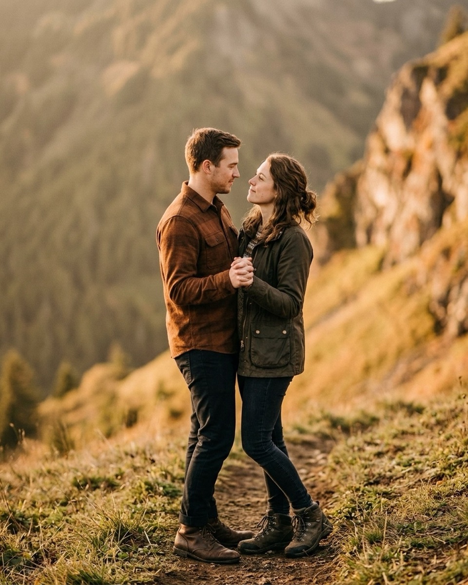 Engaged couple swaying together with a mountain horizon lit by low sun