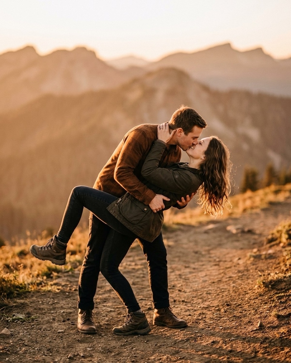 Engaged couple in a dip kiss on a mountain path at golden hour