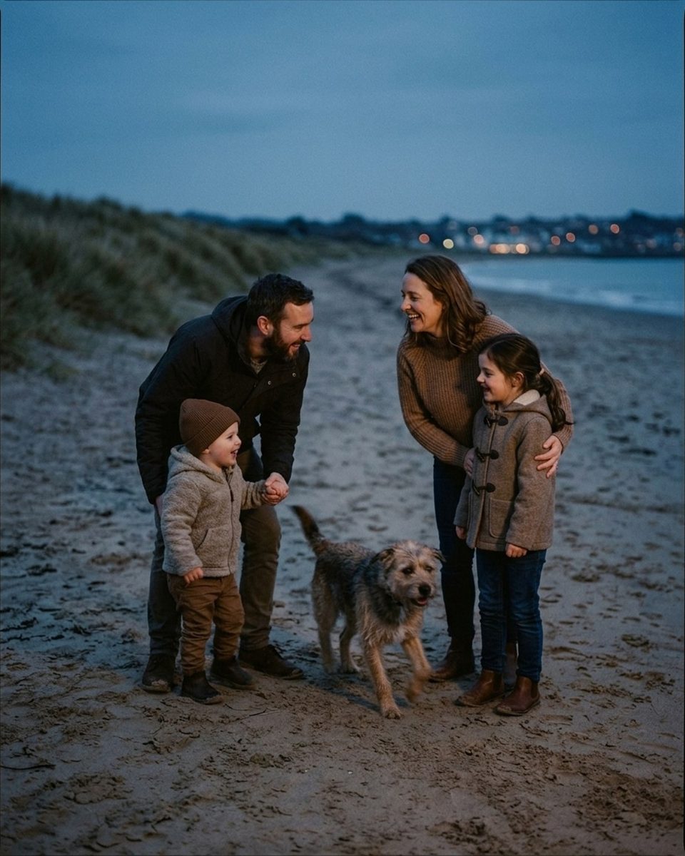 Family of five with their dog sitting close together on a beach at dusk under cloud