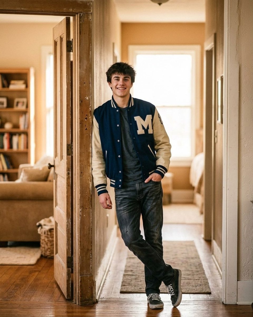 Senior leaning against a hallway door frame with ankles crossed, lit by window light