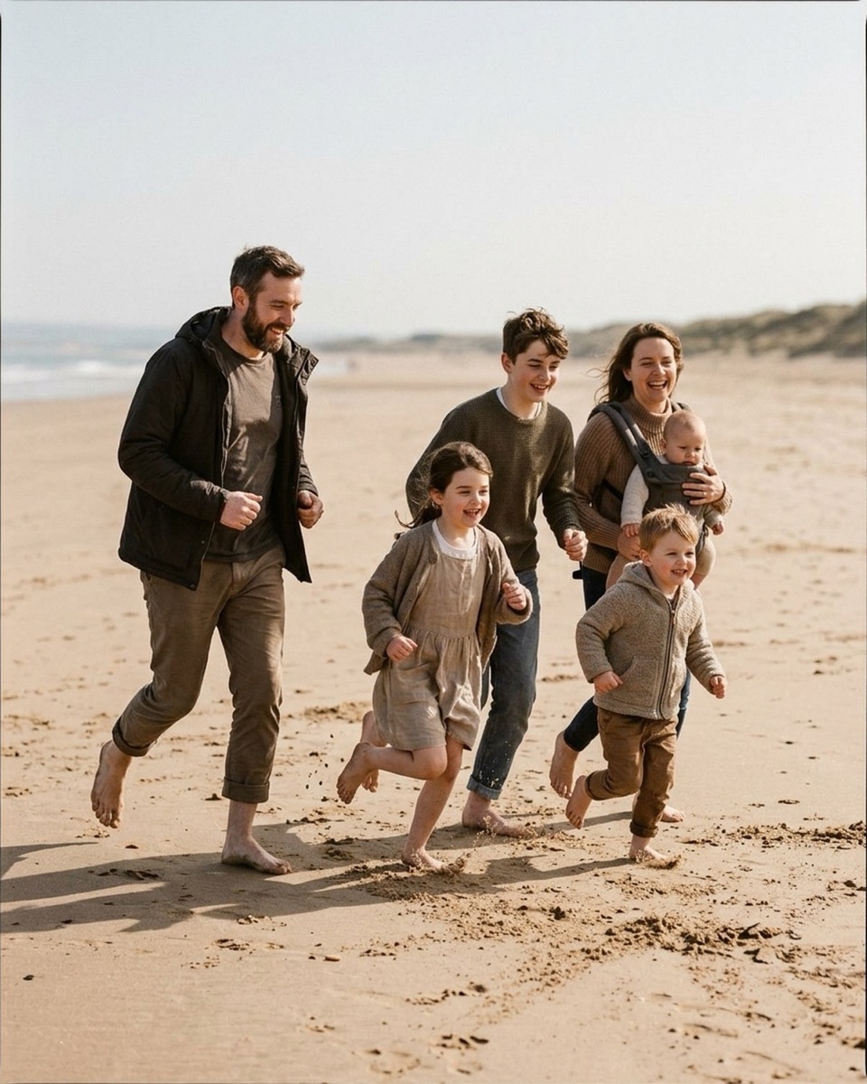 Child running ahead of parents through an open field