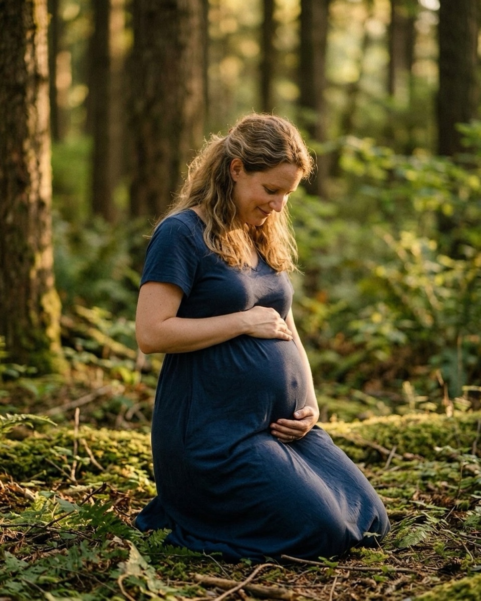 Pregnant woman backlit on the floor, golden rim light around her silhouette