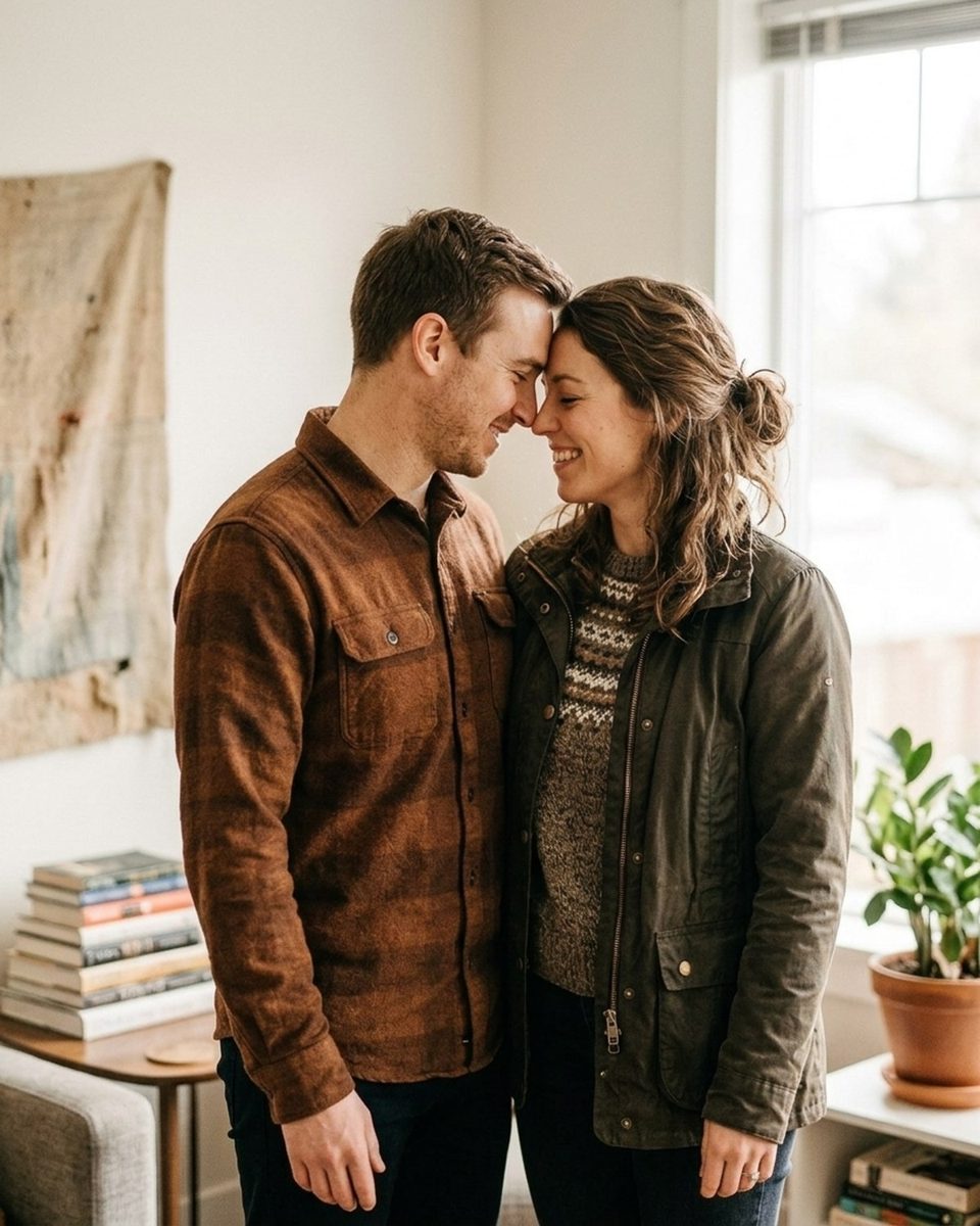 Couple leaning their foreheads together in a room lit by one window
