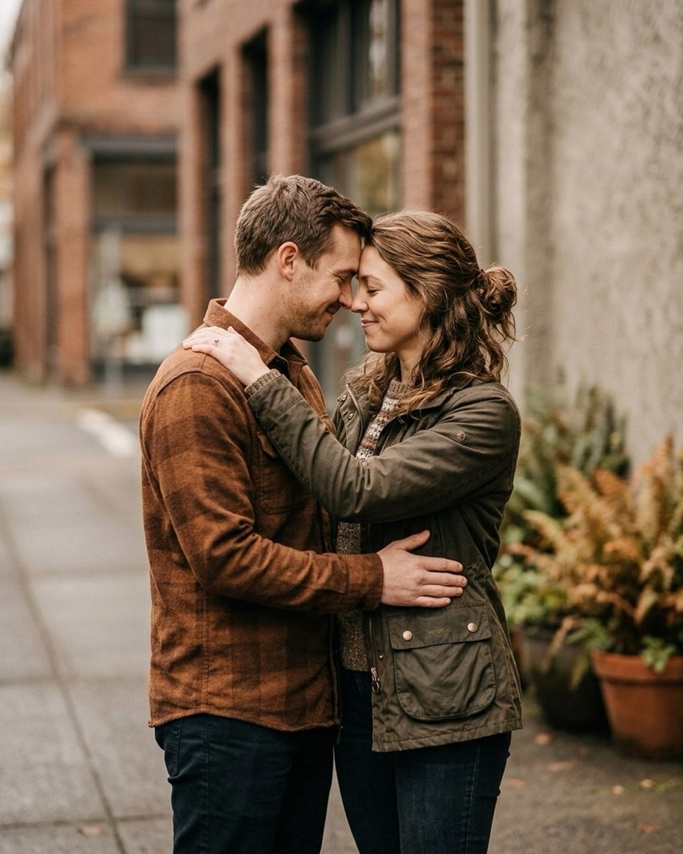 Couple with foreheads pressed together, eyes closed