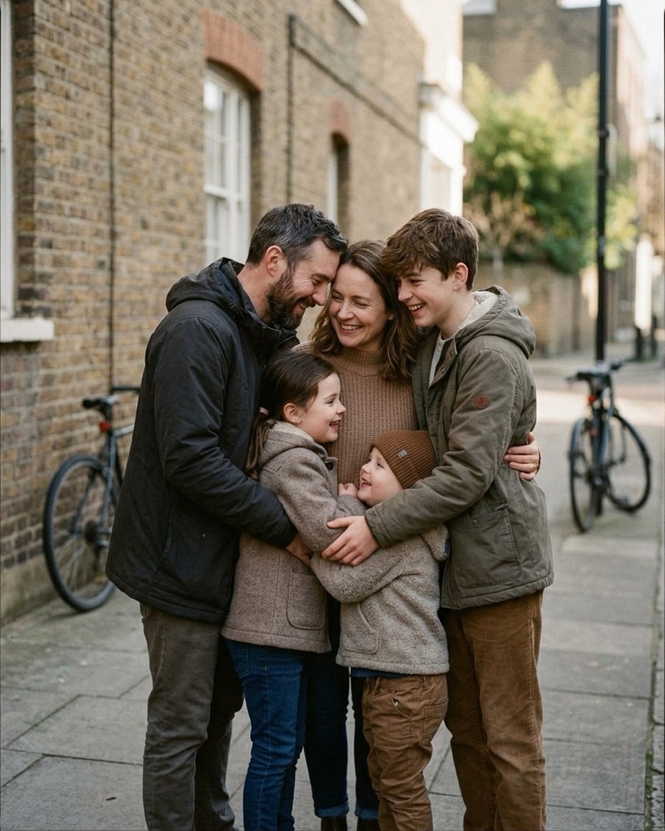 Family of five in a tight standing group hug, mother facing camera, father and teen son wrapped in from the sides