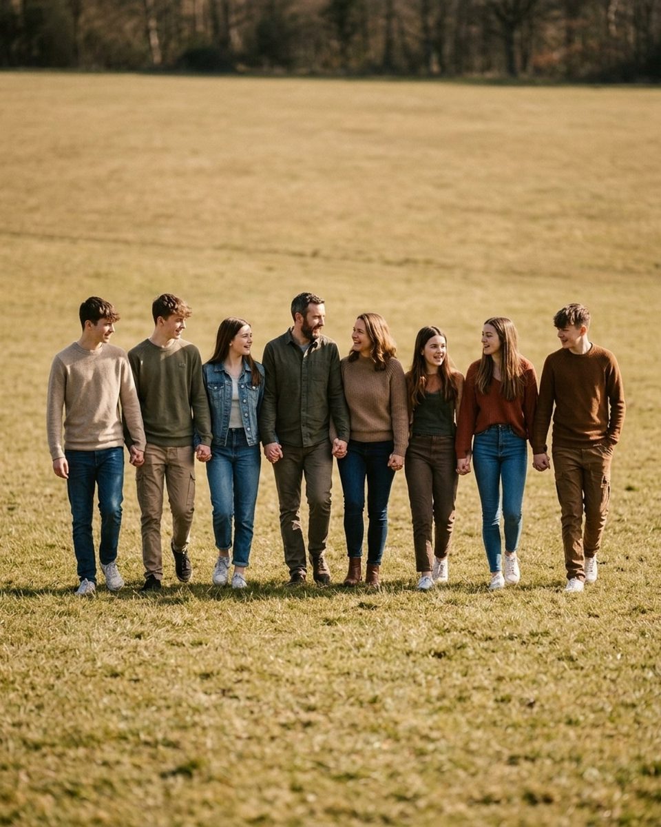 Large family holding hands in a single row walking across an open field toward the camera