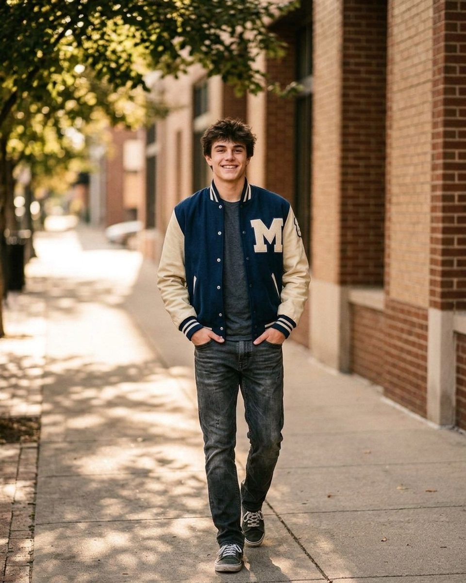Senior leaning against a city wall with hands in pockets under flat cloud