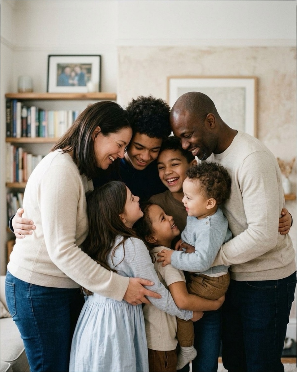 Family of six huddled close together indoors in window light