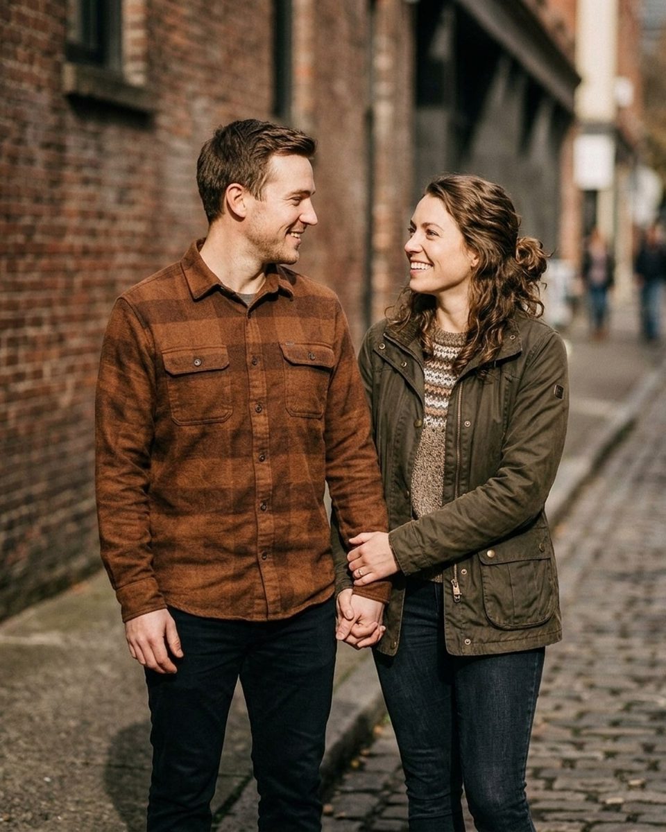 Couple standing side by side holding hands, her other hand wrapped around his wrist