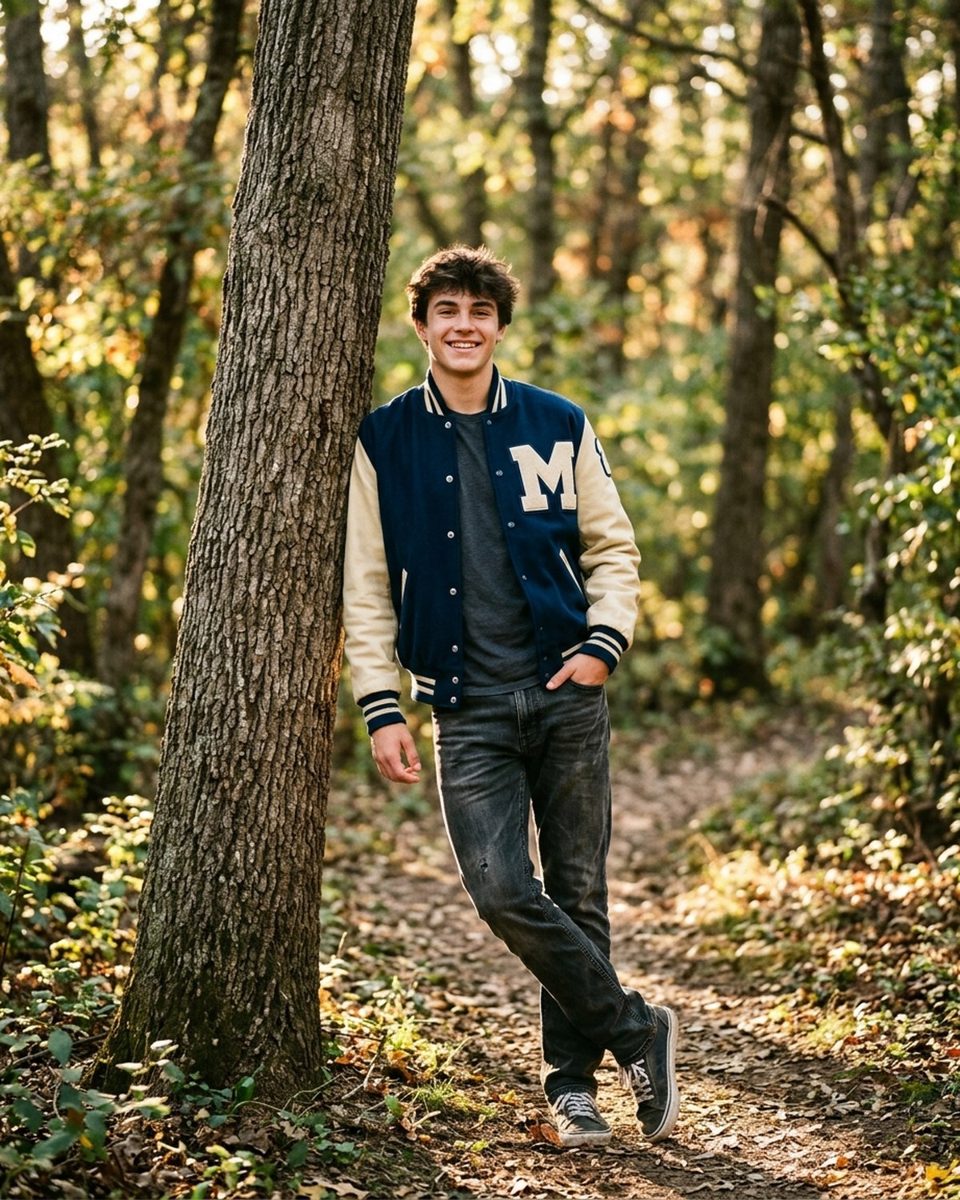 High school senior leaning against a tree trunk with one hand in his front pocket