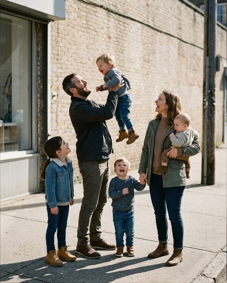 Father lifting a toddler overhead on a sidewalk while mother holds an infant on her hip and an older boy and girl look on