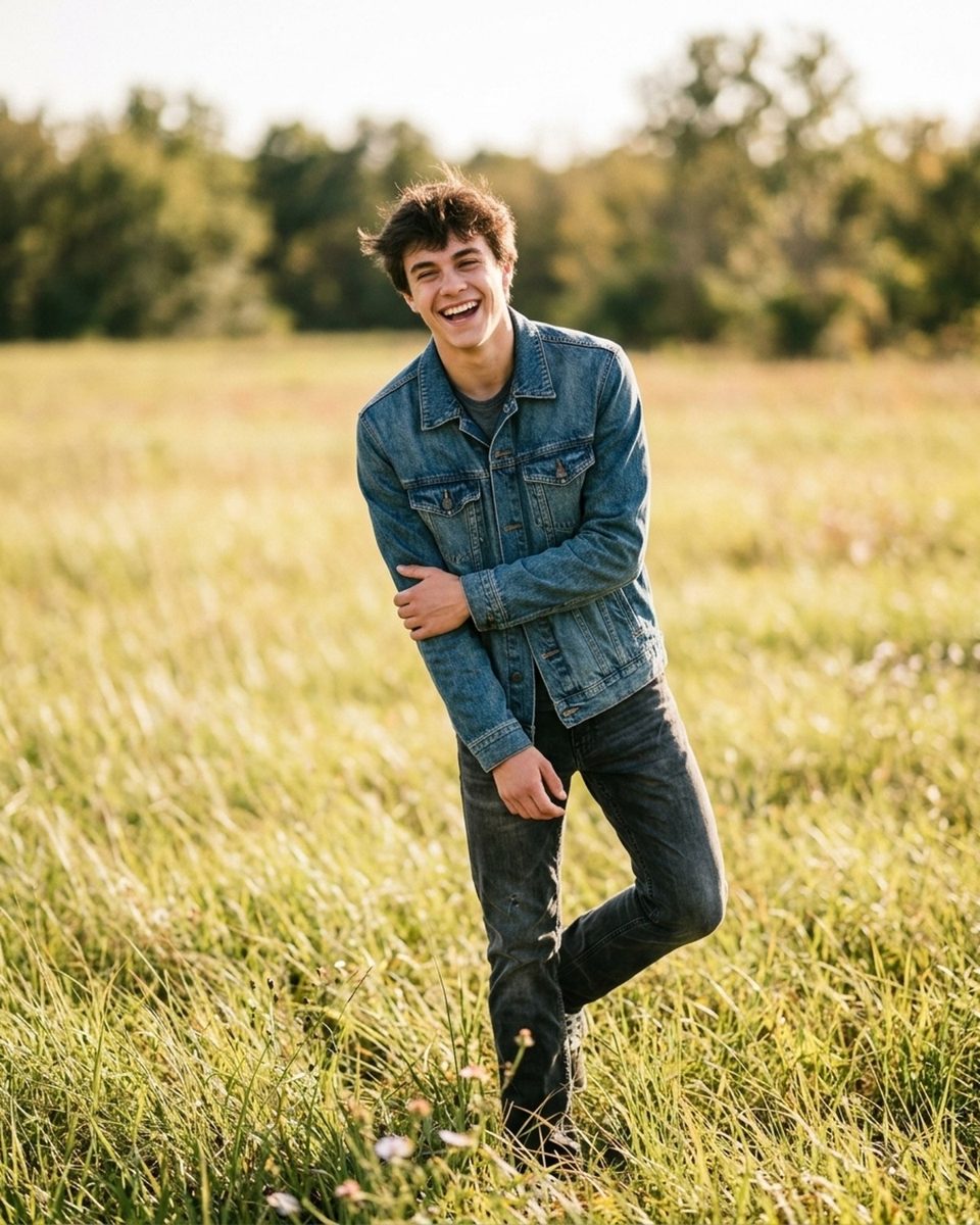 Senior standing in a field mid-laugh, weight on one leg, looking at the camera