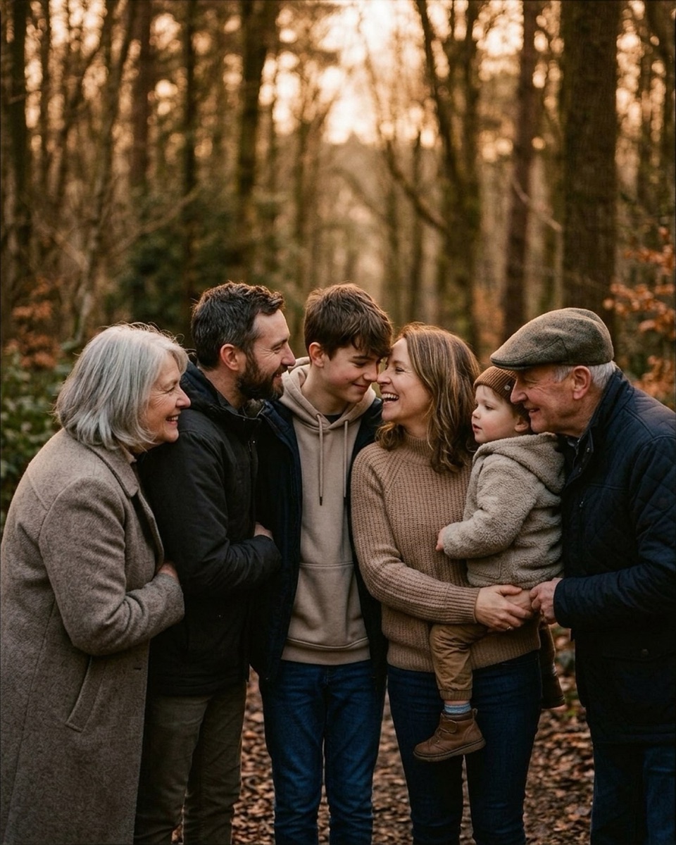 Extended family of six packed shoulder to shoulder in a golden-lit forest, leaning inward and laughing