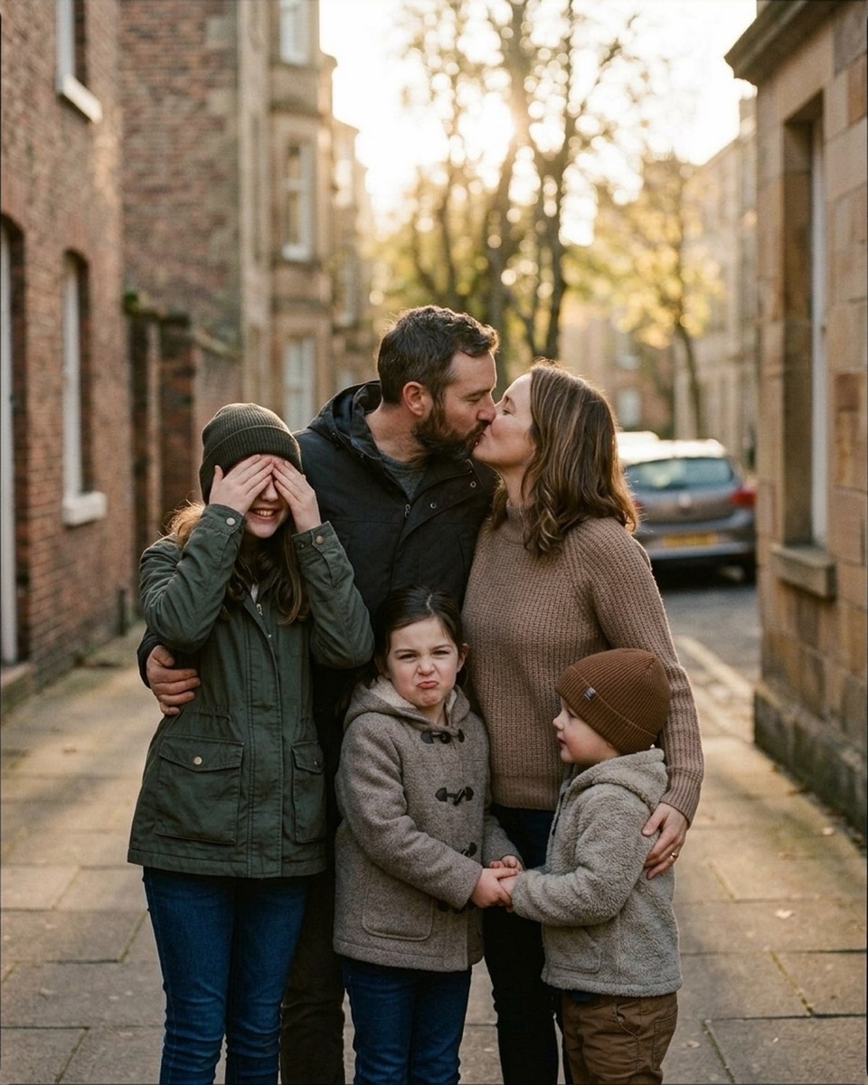 Parents kissing in profile behind three kids who react with giggles and a grossed-out face