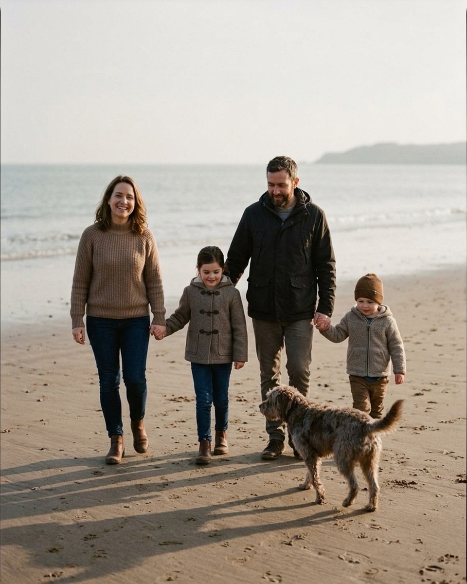Family of five holding hands in a row walking toward the camera along wet beach sand with a dog trotting nearby