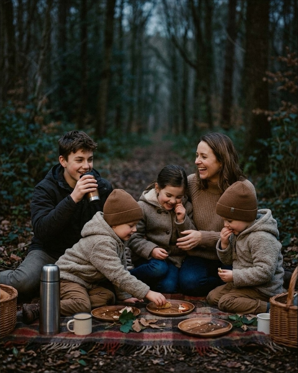 Family of five on a picnic blanket in the forest with two toddlers eating snacks in the foreground