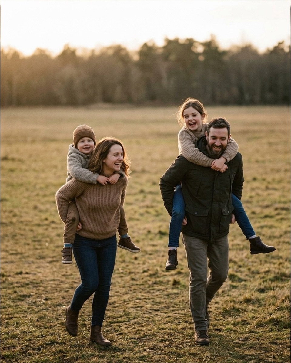 Family piggyback parade across a field in early golden-hour light
