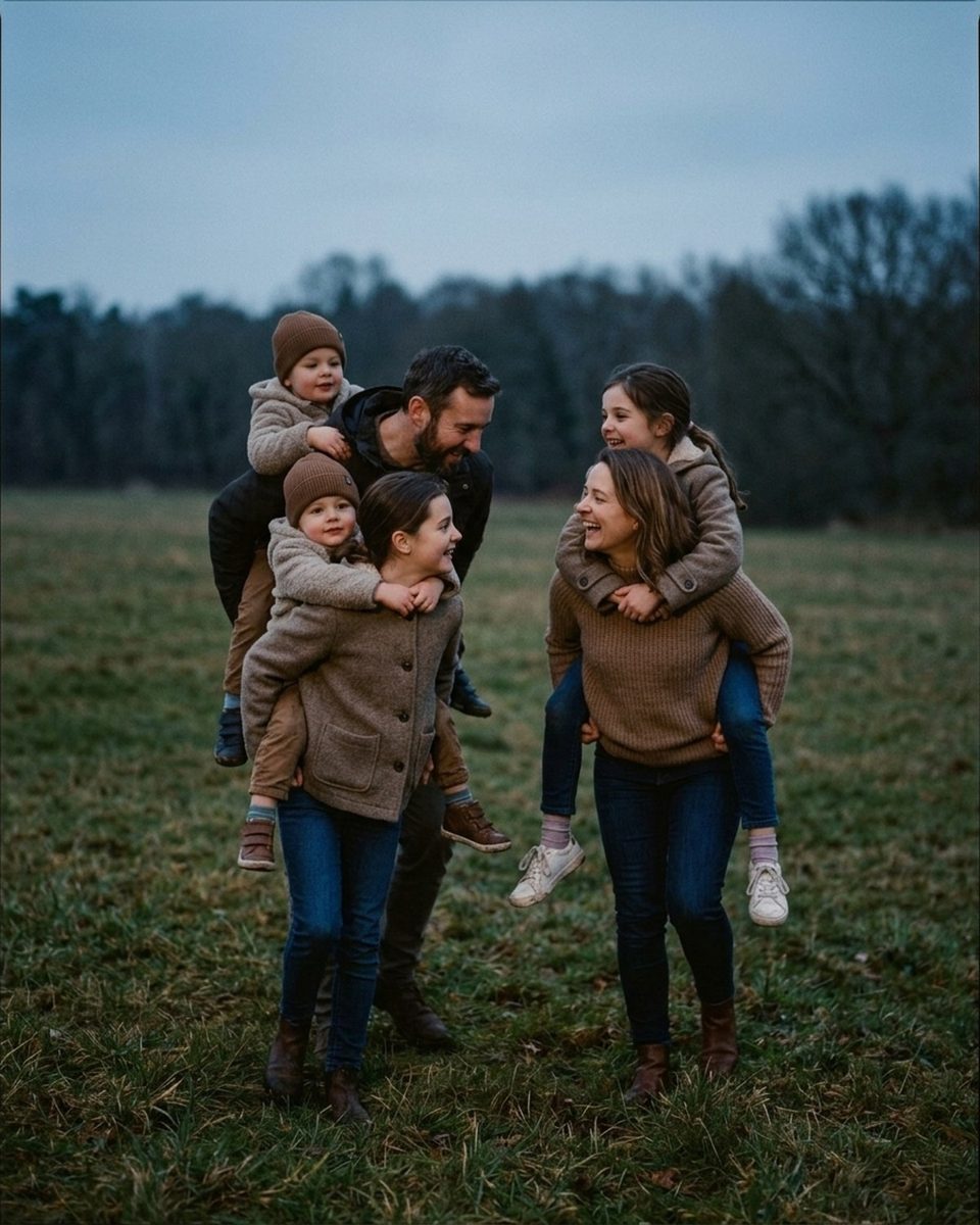Two parents carrying children piggyback across a field at dusk, all looking at each other