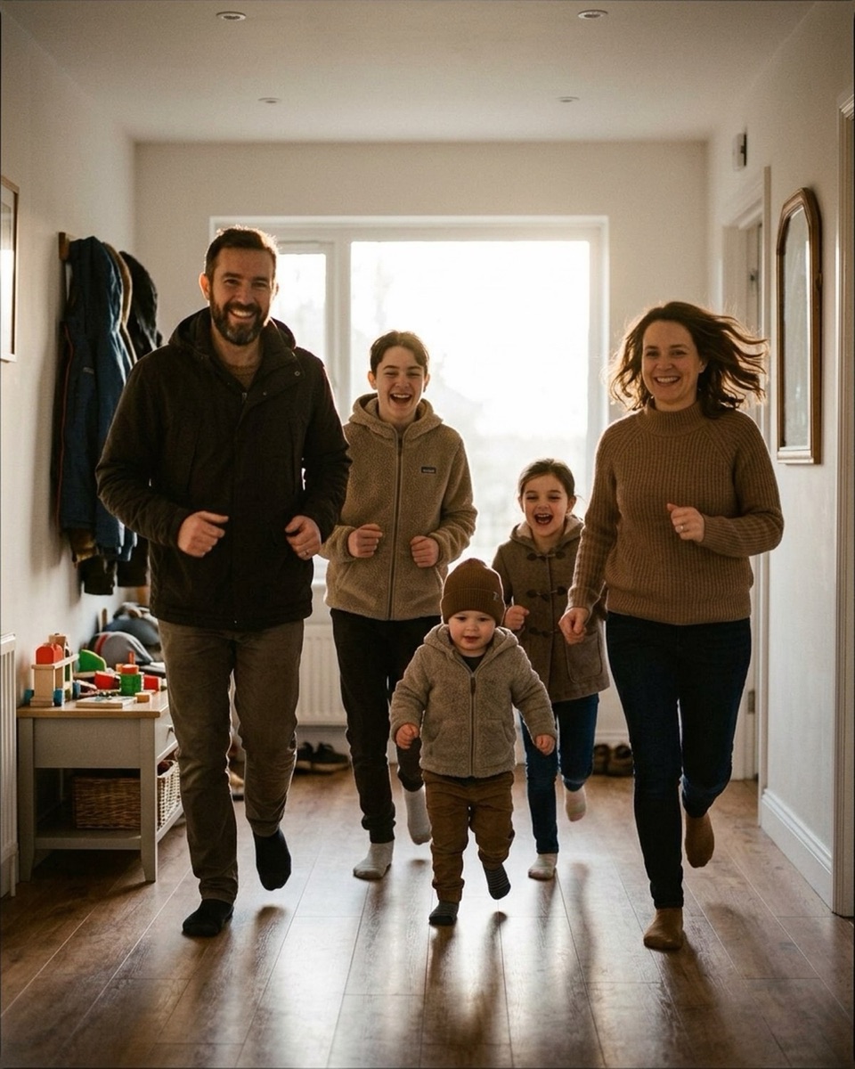 Family of five jogging together toward the camera down a backlit hallway