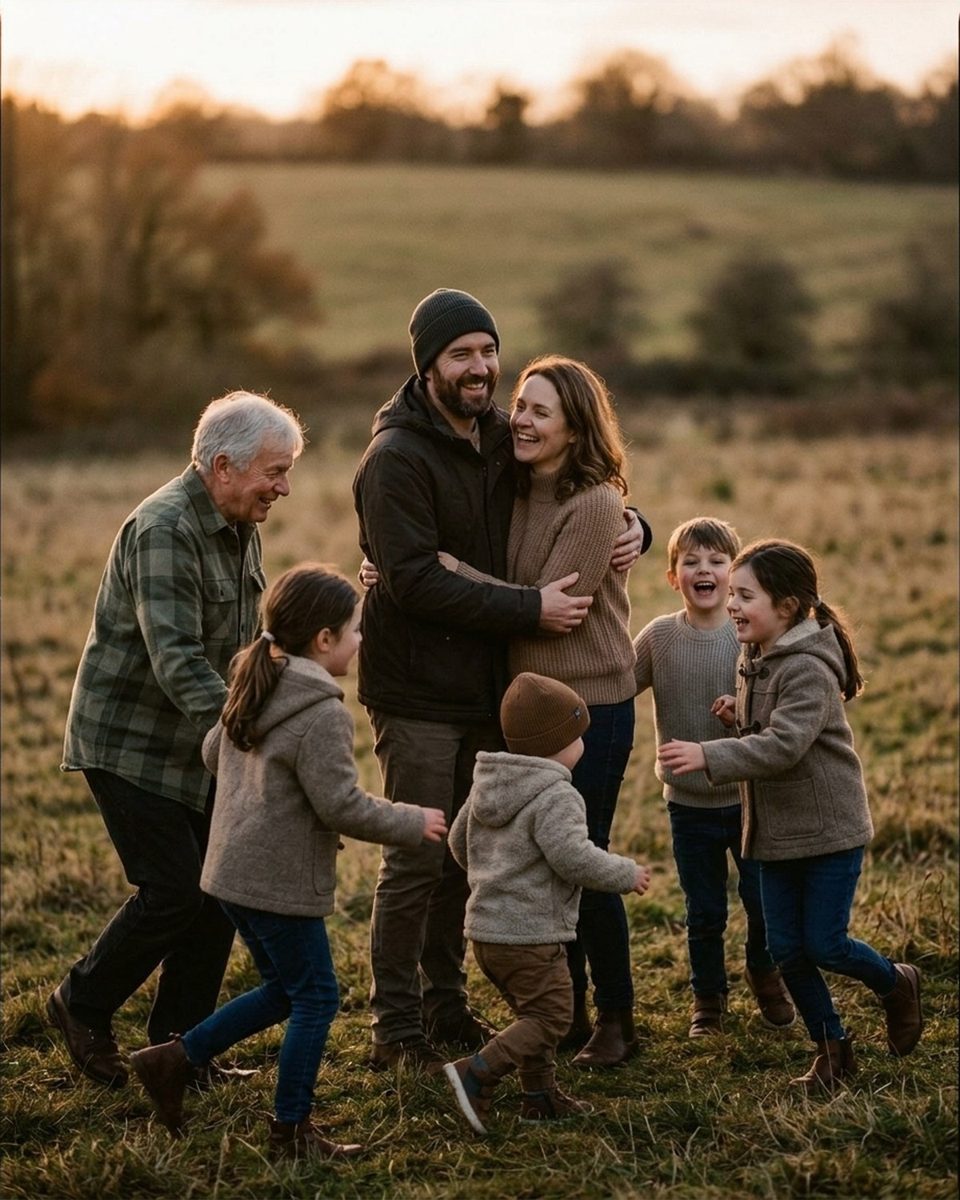 Parents embracing at the centre of a field while children and a grandfather converge on them from every side