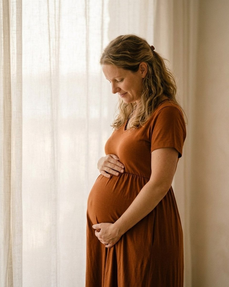 Pregnant woman standing beside a window softened by a sheer curtain