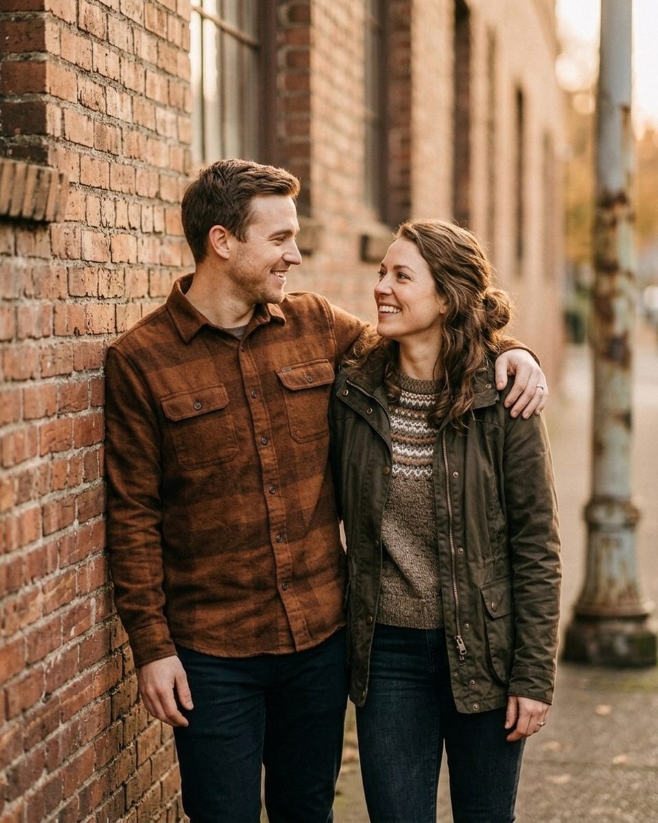 Couple leaning against a brick wall in low sun, his arm over her far shoulder