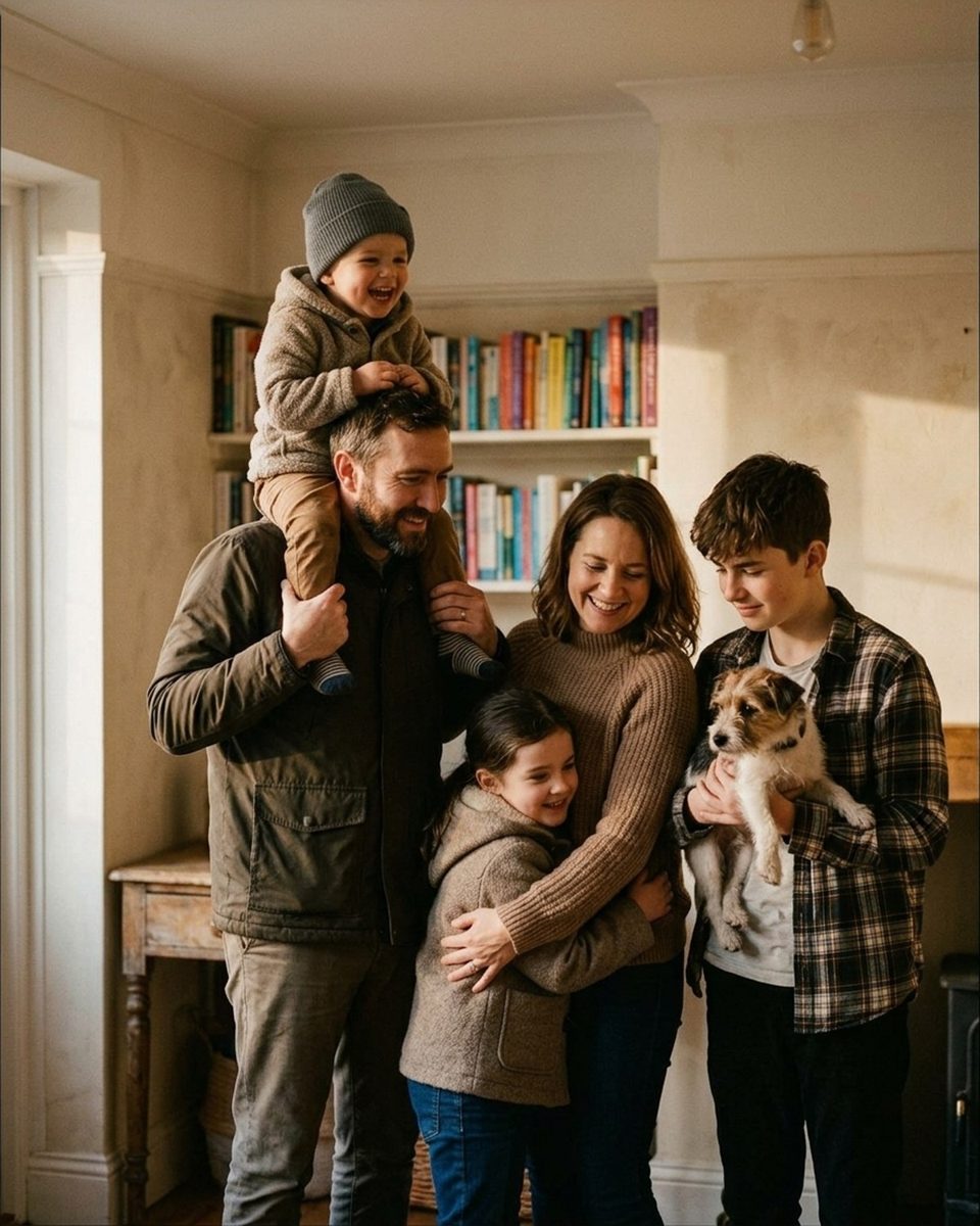 Father with a toddler on his shoulders in a living room, family gathered close beside him