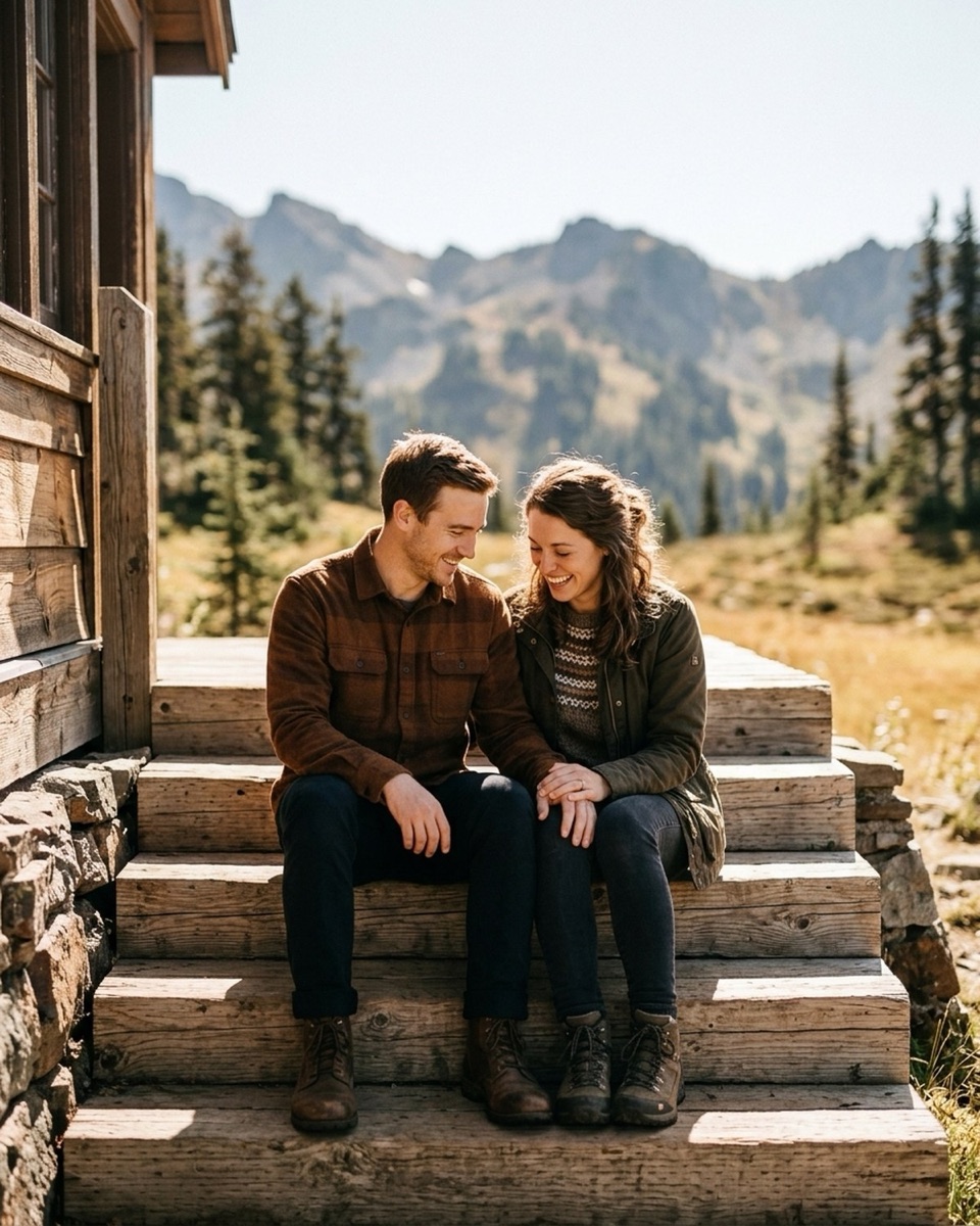 Engaged couple sitting close together on wooden steps in the mountains