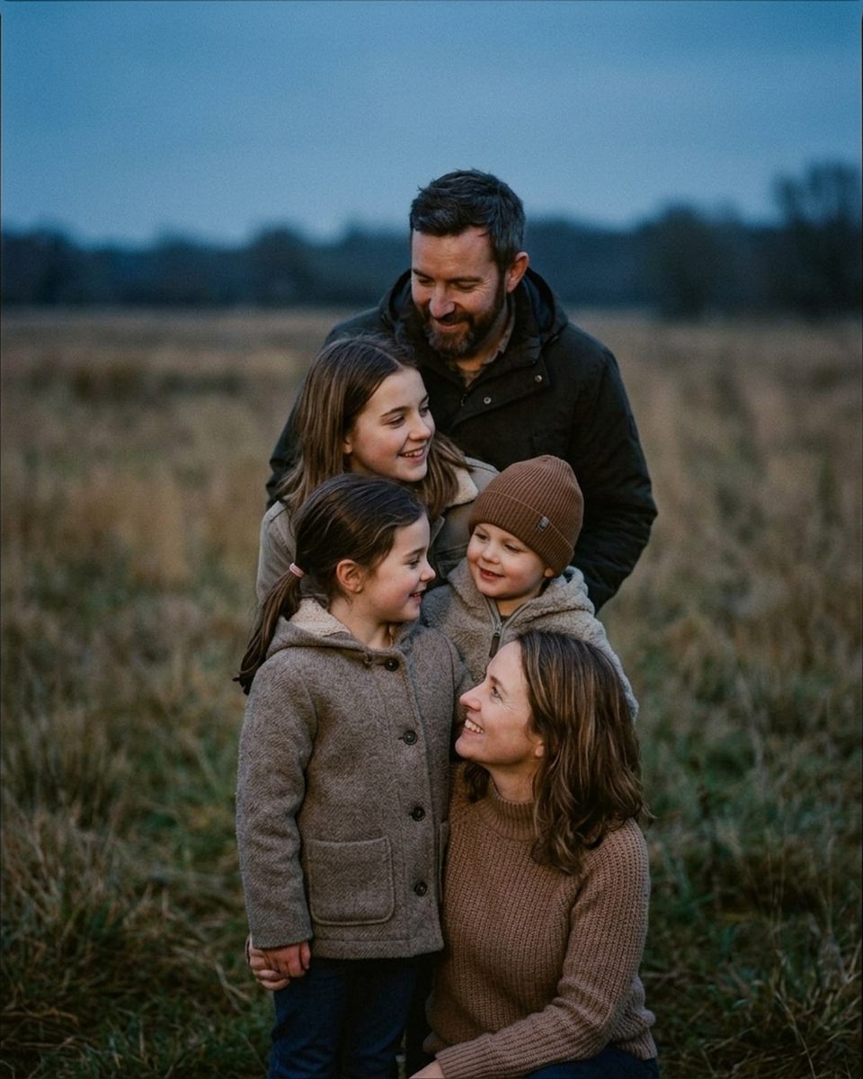 Family arranged in tiers of depth in a field, father standing at the back and mother crouching in the foreground