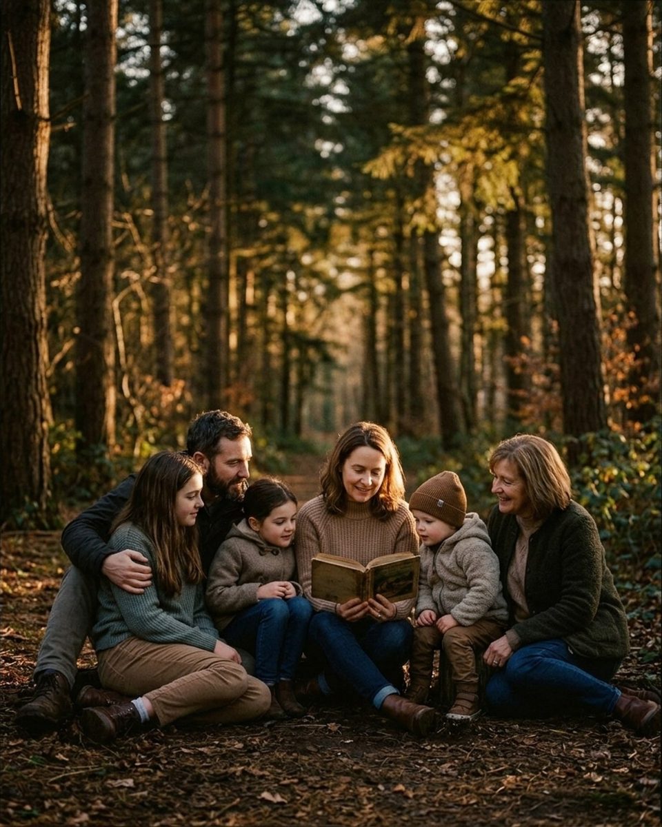 Family of seven seated on the forest floor in golden light, all leaning in toward an open storybook