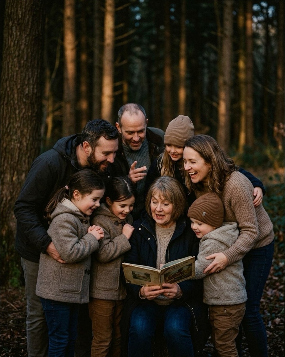 Family of seven clustered around a grandmother reading a storybook in a backlit forest clearing