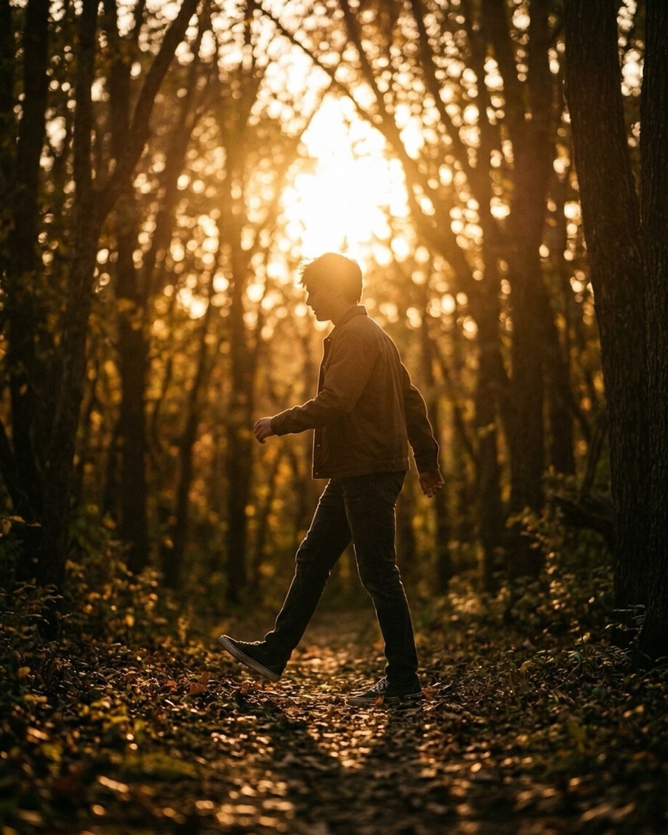 Senior sitting in silhouette against a low golden-hour sun