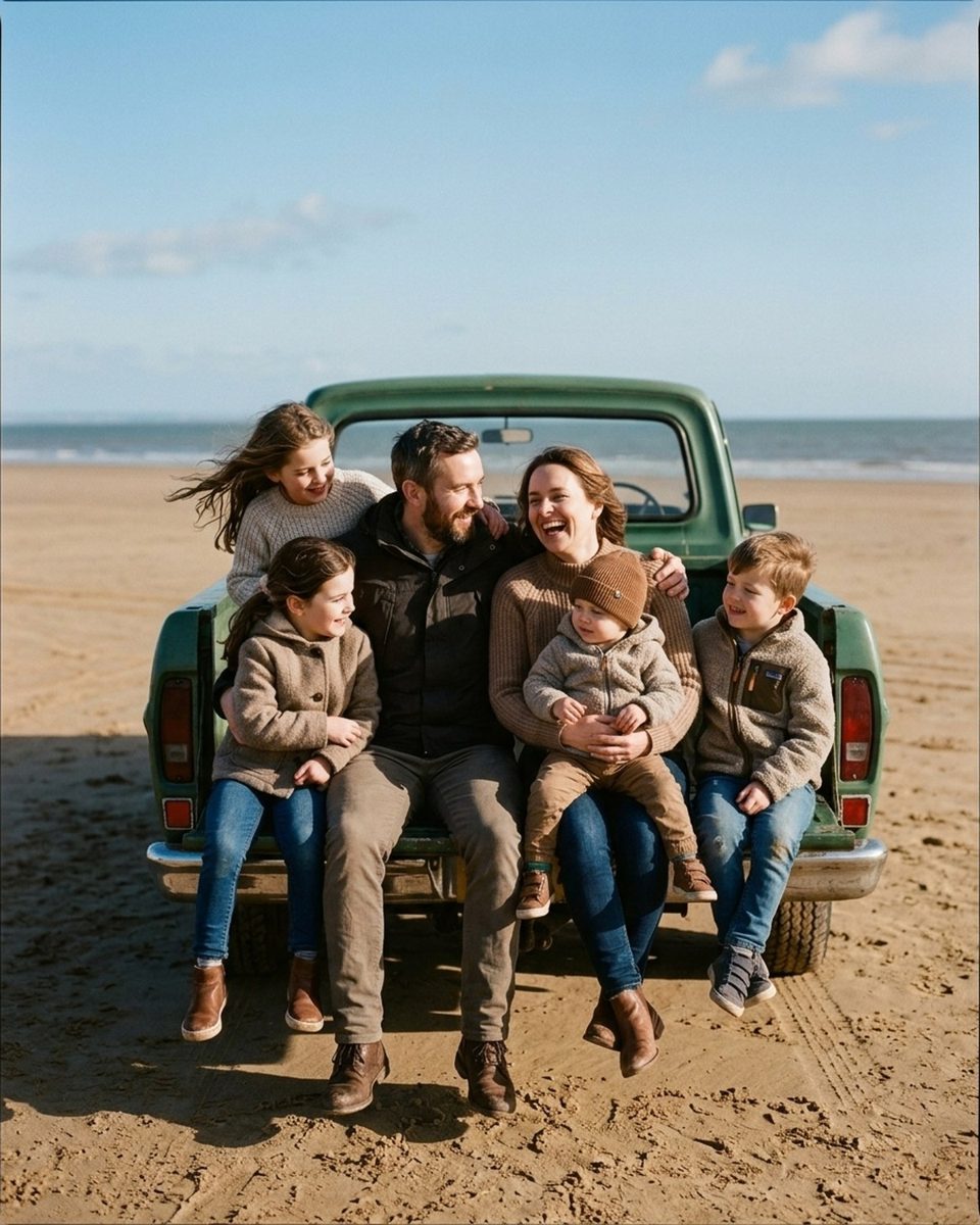 Family of six seated along a lowered truck tailgate at the beach under flat cloud