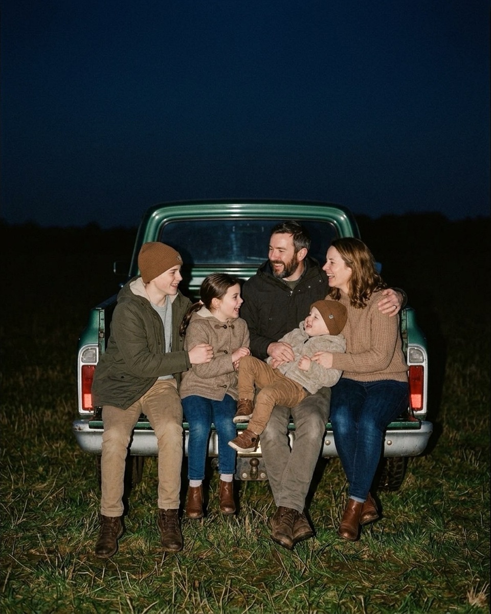 Family of five seated in a row on a truck tailgate in an open field at night with flash